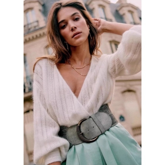 SÉZANE Cristina Cream Mohair Wool Crossover V Neck Crossover  Pointelle Sweater - Picture 8 of 16